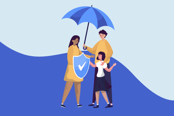 Insurance agent holding an umbrella over a family